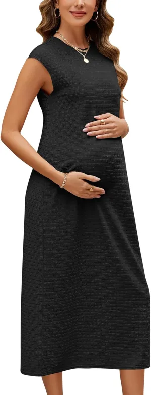 OUGES Womens 2025 Spring Cap Sleeve Maternity Dress Textured Midi Summer Pregnancy Business Casual Work Column Dress
