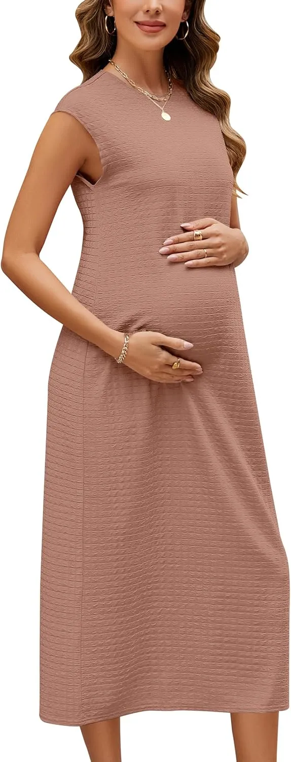 OUGES Womens 2025 Spring Cap Sleeve Maternity Dress Textured Midi Summer Pregnancy Business Casual Work Column Dress