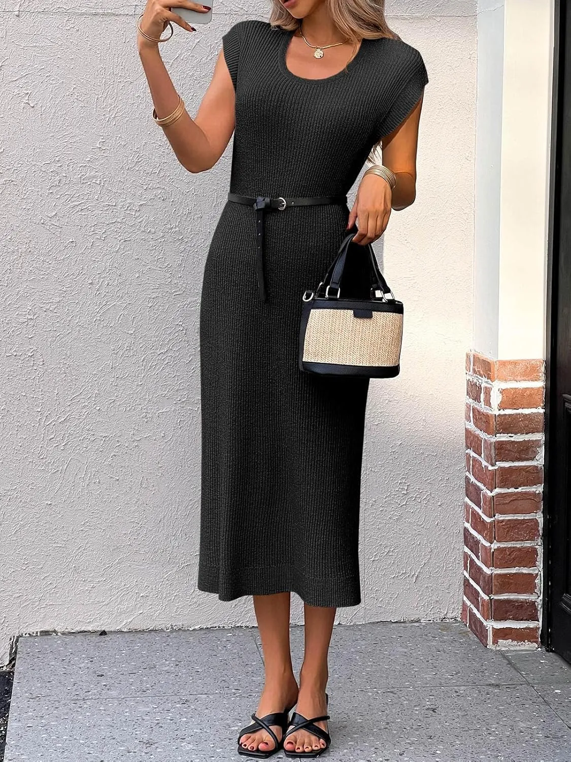 Wenrine Womens Ribbed Knit Maxi Dress Casual Short Sleeve Loose Fit Summer Long Dress