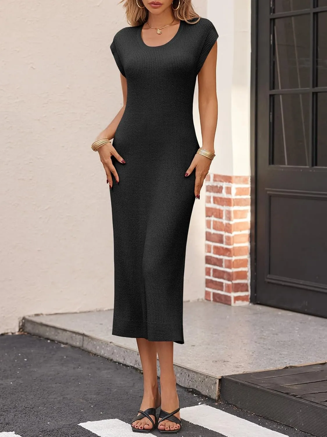 Wenrine Womens Ribbed Knit Maxi Dress Casual Short Sleeve Loose Fit Summer Long Dress