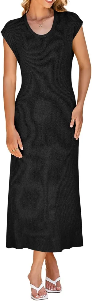 Wenrine Womens Ribbed Knit Maxi Dress Casual Short Sleeve Loose Fit Summer Long Dress