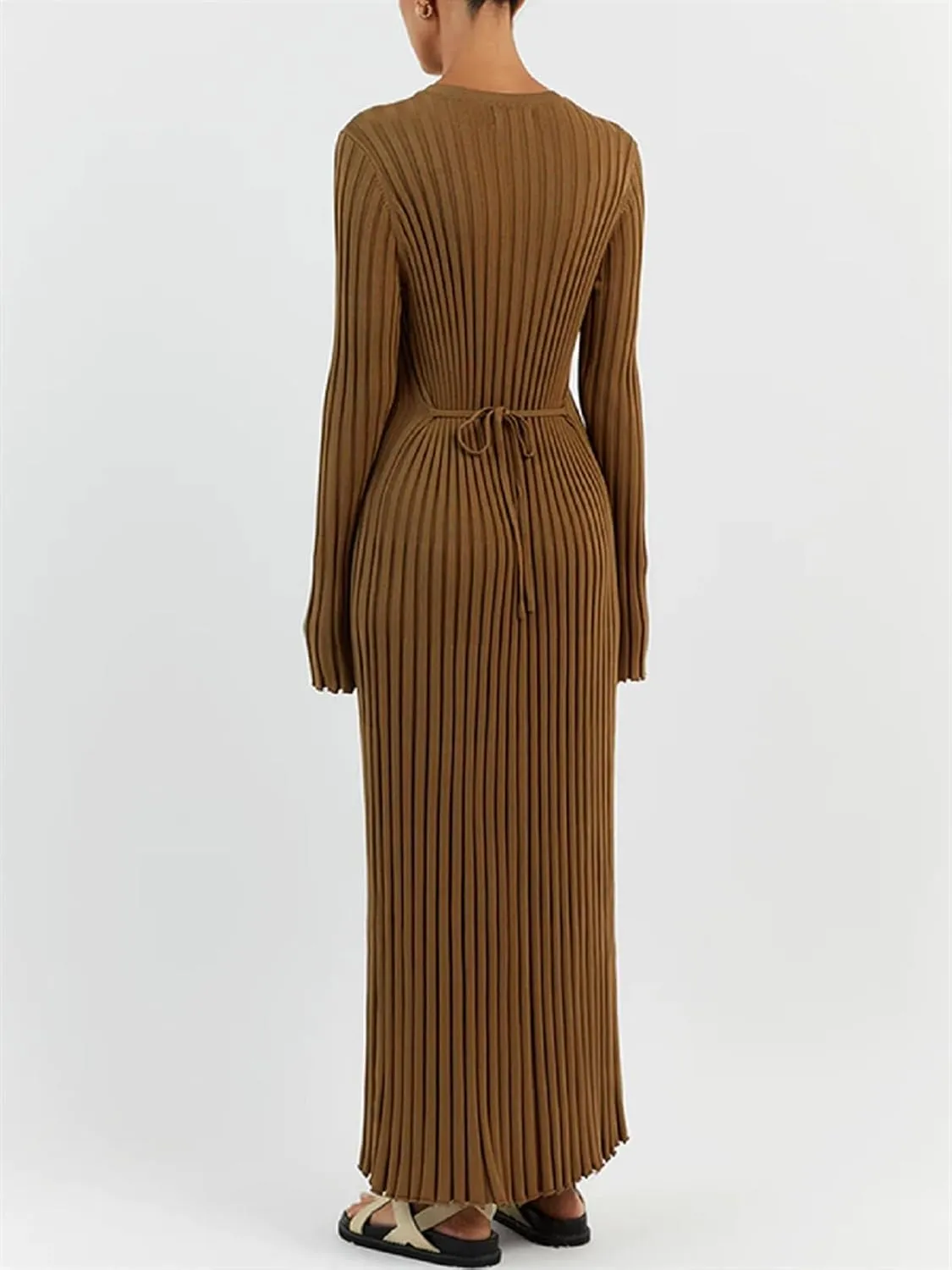 Women Ribbed Knit Long Sleeve Maxi Dress Slim Fit Solid Color Bodycon Pencil Long Dress Casual Fall Winter Clothes