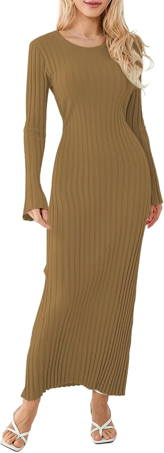 Women Ribbed Knit Long Sleeve Maxi Dress Slim Fit Solid Color Bodycon Pencil Long Dress Casual Fall Winter Clothes