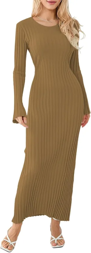 Women Ribbed Knit Long Sleeve Maxi Dress Slim Fit Solid Color Bodycon Pencil Long Dress Casual Fall Winter Clothes