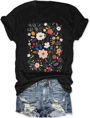 Women's Boho Flower T Shirt Vintage Flowers Printed Shirt Colorful Wildflower Graphic Tee Casual Botanical Short Sleeve