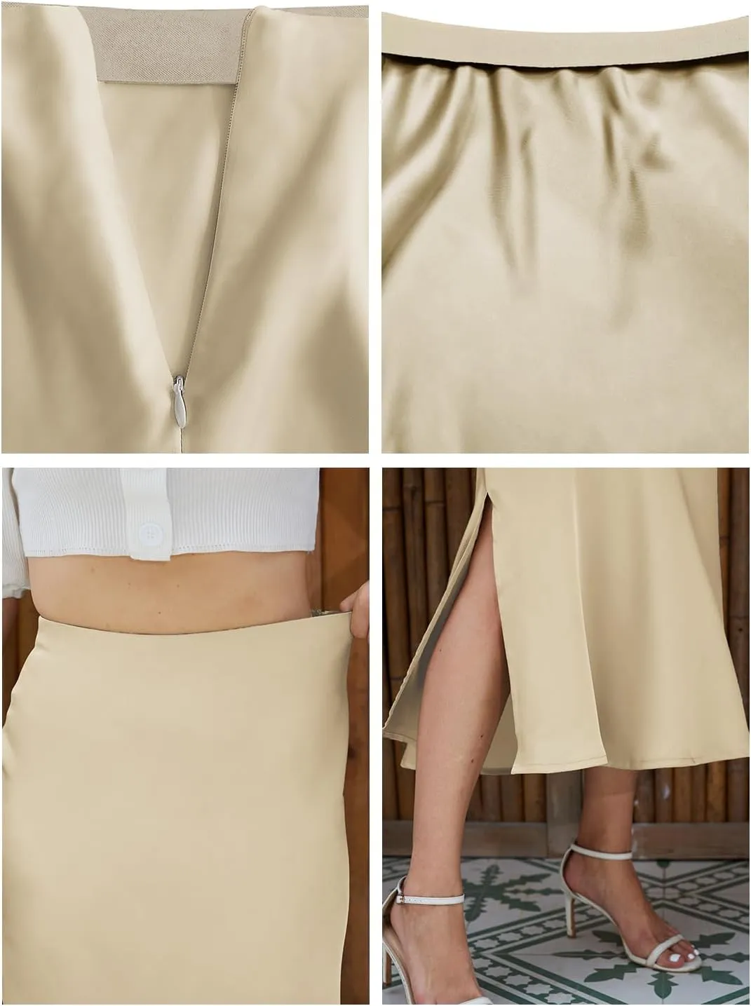 Womens Midi Satin Skirt Side Slit High Elastic Waisted Summer2025 Elegant Solid Skirts for Women