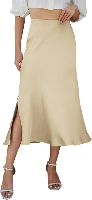 Womens Midi Satin Skirt Side Slit High Elastic Waisted Summer2025 Elegant Solid Skirts for Women