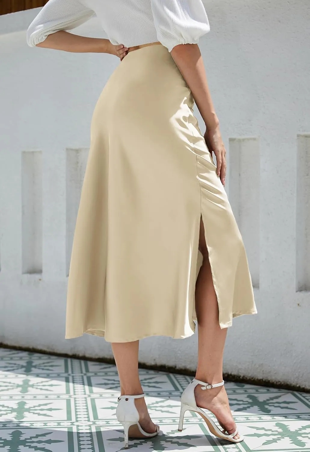Womens Midi Satin Skirt Side Slit High Elastic Waisted Summer2025 Elegant Solid Skirts for Women