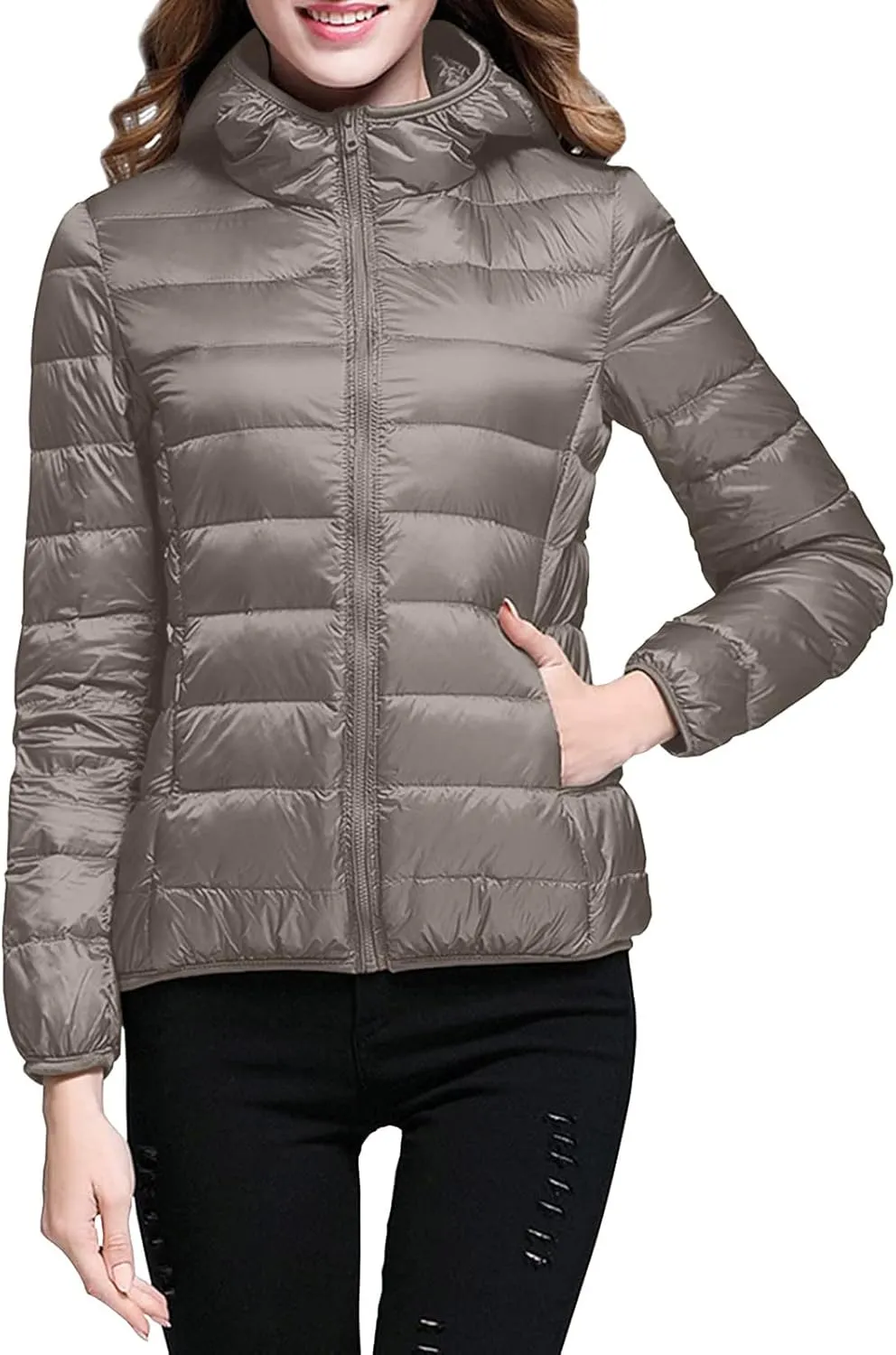 Womens Warm Lightweight Puffer Jackets Fashion Solid Color Waterproof Quilted Coats White Duck Down Casual Outerwears